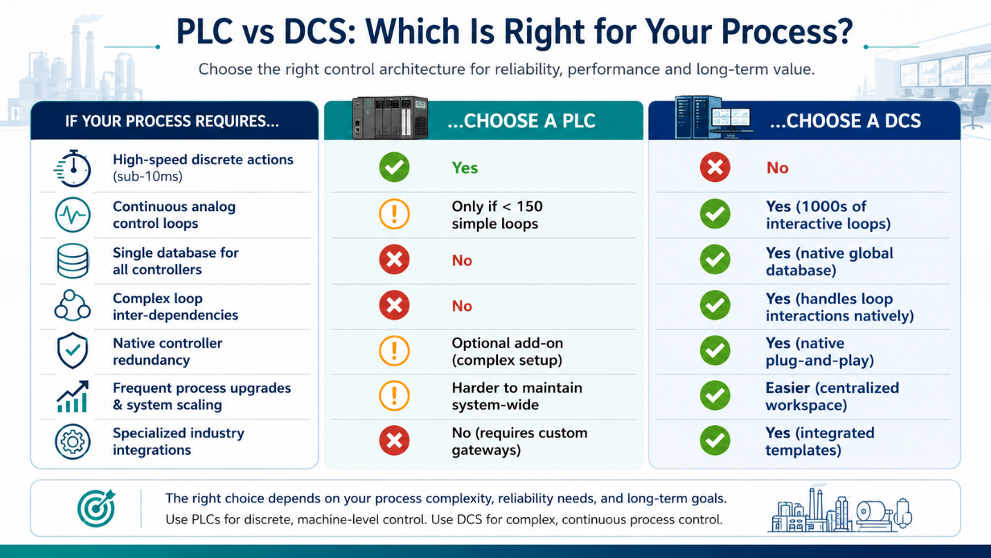 Comparison matrix showing PLC vs DCS systems in pulp mill automation